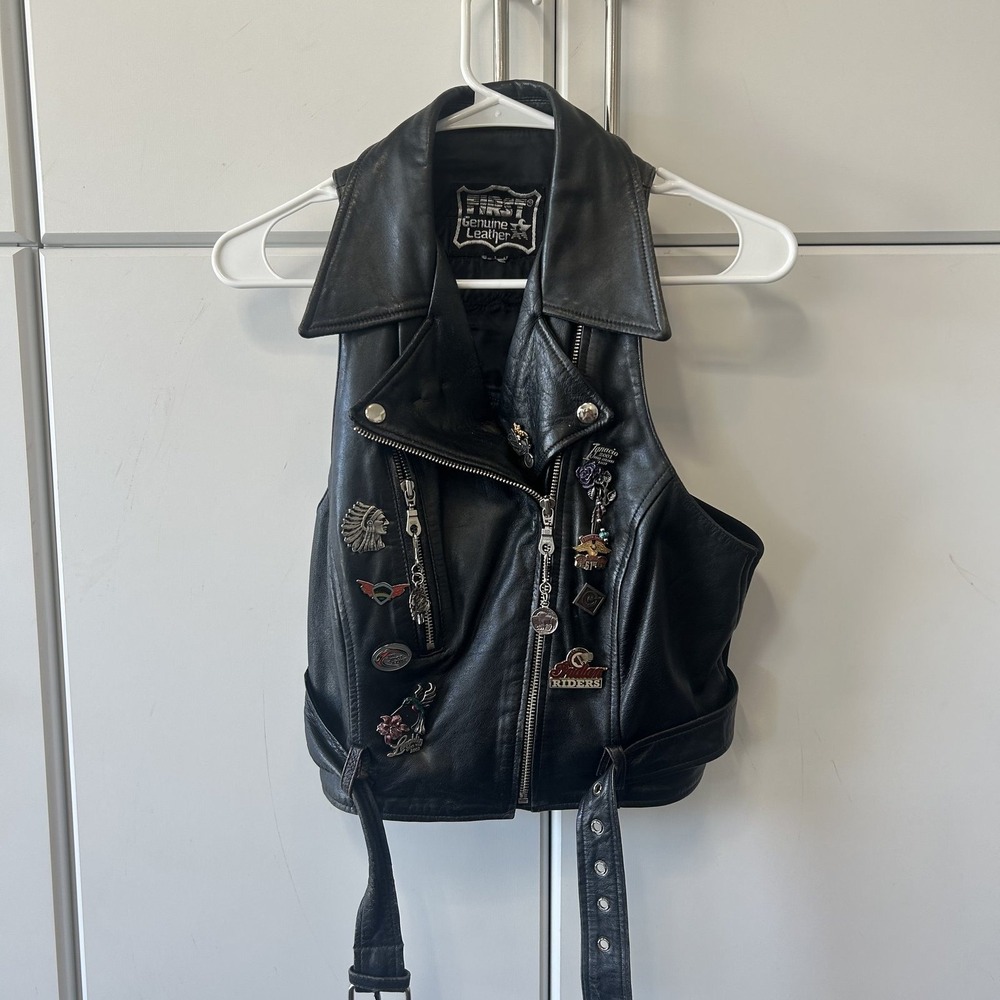 First Genuine Leather Black Motorcycle Vest Indian Sturgis Pins Patches Mens